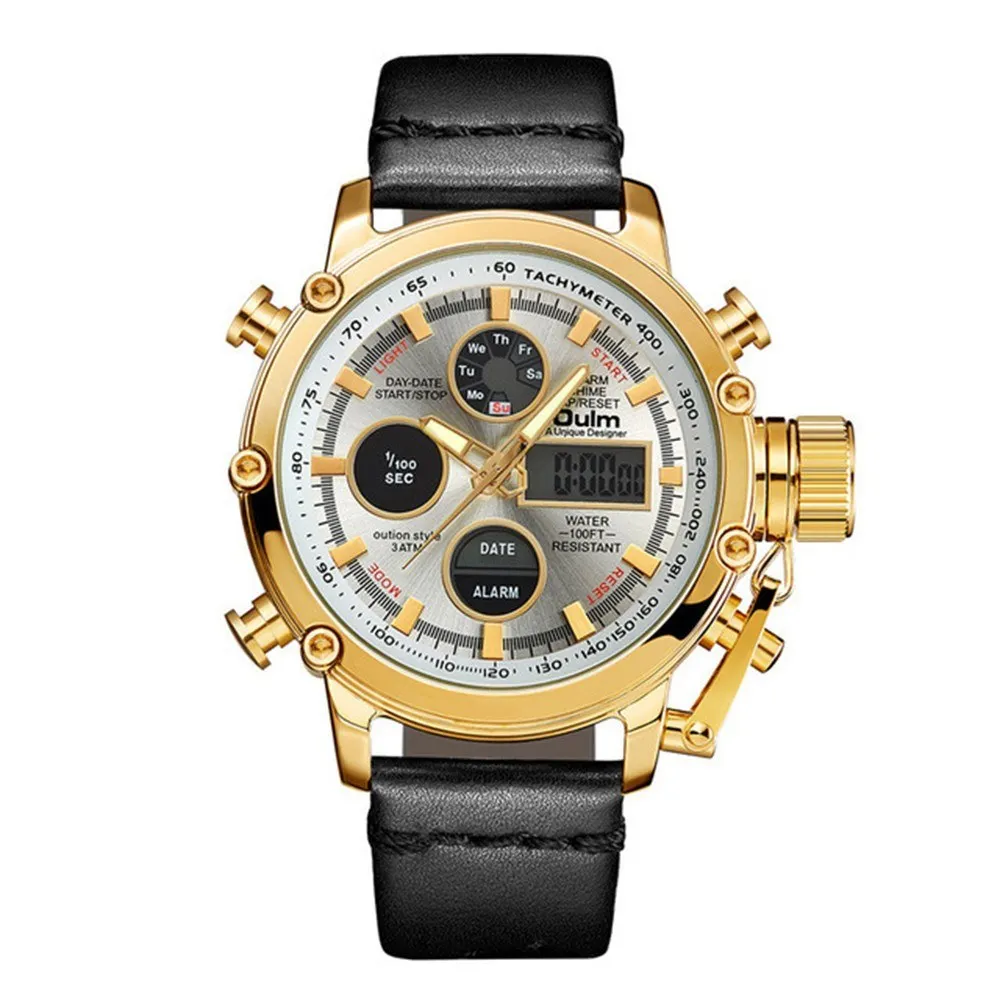

Multifunction Men Sport Quartz Watches Fashion Leather Band Wristwatch Analog Digital Dual Display Calendar Date Alarm Watches