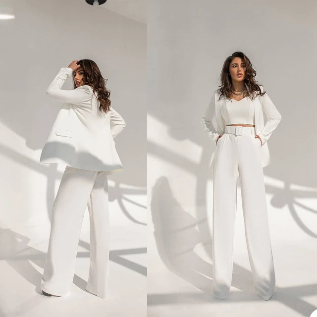 White Women Pants Suits Slim Fit Thicken Shoulder Pad Evening Ladies Party  Wear