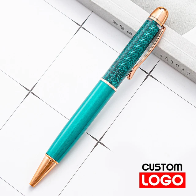 Creative Gold Foil Oil Pen Crystal Wafer Pen High-grade Metal Signature Pen Custom LOGO Lettering Engraved Name Stationery N 2 - Peacock blue