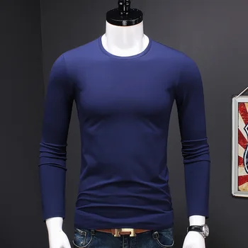 

Long Men Sleeve O-Neck T-shirt Autumn Solid Color Clothes Cotton Modal Stretch T Shirt Winter Velvet Thermal Tshirt
