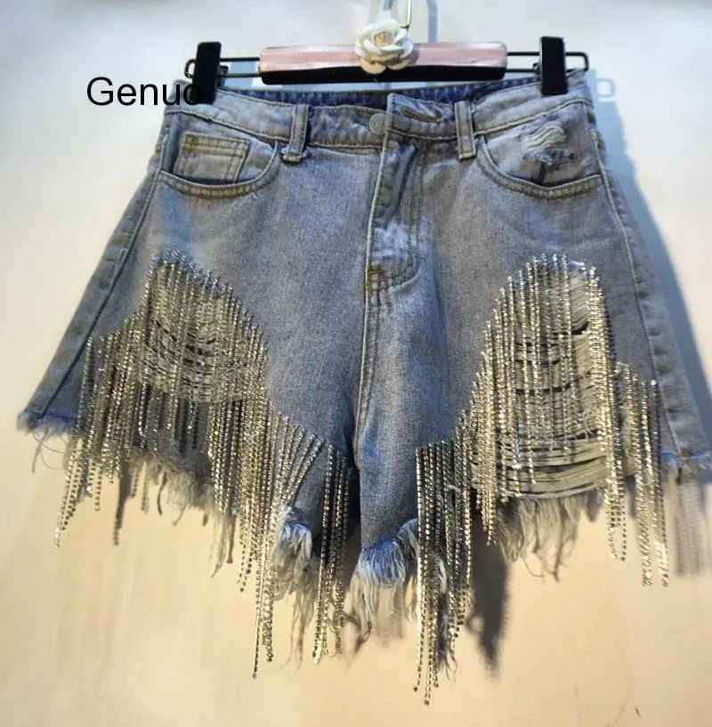 European Style Summer Hot Pants Women New Hand Diamond Bead Drill High Waist Slim Holes Jeans Shorts Girl Lady Beach Pants Femme