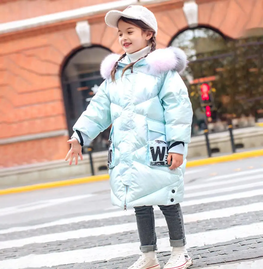 light blue Пуховые куртки с капюшоном и большим воротником fru; Детские плотные теплые пуховые пальто; Верхняя одежда для девочек; Длинные Топы; одежда для подростков; ws1297 - Цвет: light blue