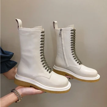 

Women Ankle Boots Fashion Square Toe Lace Up Women Short Boots Genuine Leather Women Winter Boots Black White Martin Boots 2020