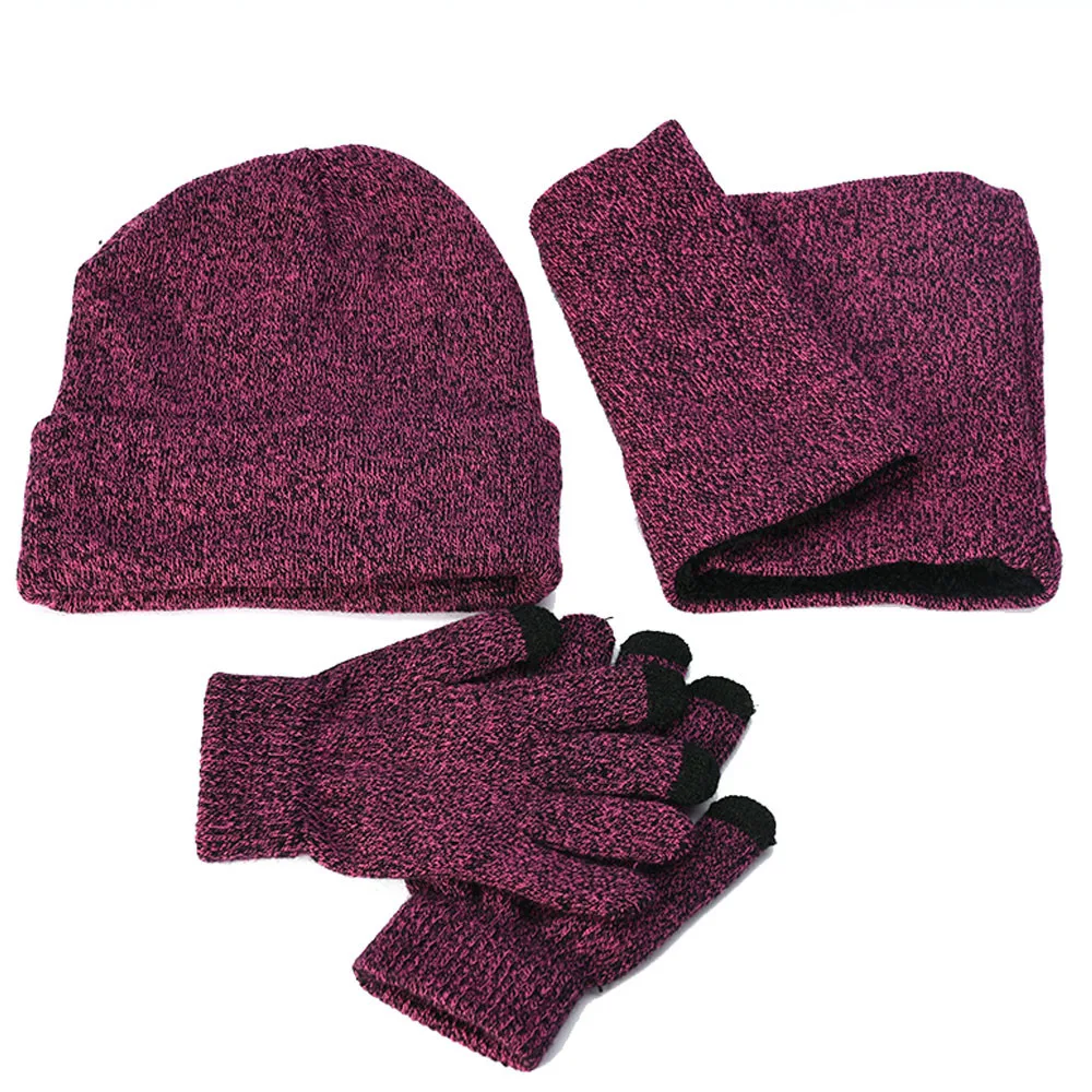 Зимняя шапка бини для мужчин и женщин, шапка, шарф, теплый шарф и шапка, набор перчаток для мужчин и женщин, шапка, шарф, набор из 3 предметов, Skullies Beanies#1209 - Цвет: Розово-красный
