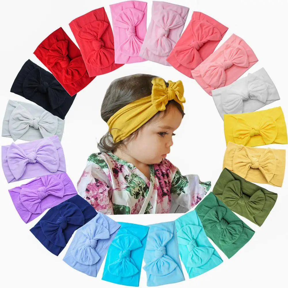 20 Colors Baby Nylon Knotted Headbands Girls Big 4.5 inches Hair Bows Head Wraps Infants Toddlers Hairbands 35 solid color soft hair accessories hairbands cross fold wide side thin nylon baby headband headbands for girls boys