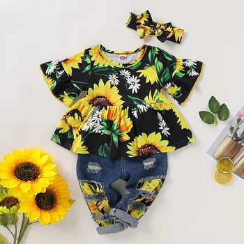 

Floral Baby Girls Clothes Summer Ruffle Set 3Pcs Baby Outfits Sunflower Tops+Ripped Jeans+Headband Fashion Girls Clothing D30