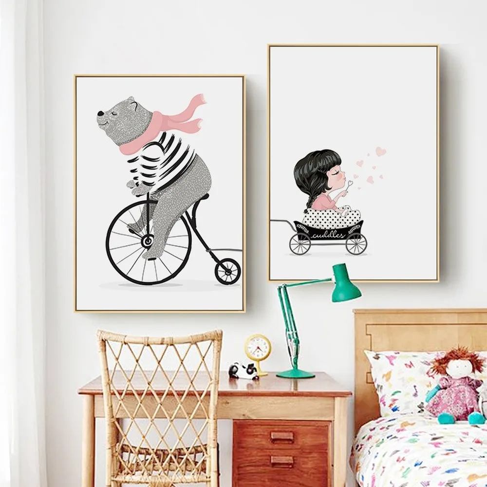 

Cartoon Bear Pulling Cart Canvas Painting Cute Little Bear Girl Poster Children's Room Kindergarten Decorative Painting Pictures
