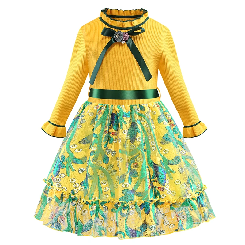 

2019 spring and autumn new European and American children's clothing long-sleeved knit dress princess girl Fashion print dress