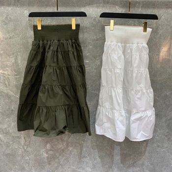 

2020 Spring and Summer New Women's Elastic Waist Decoration Wrinkle Solid Color All-match Mid-Length Skirt 405