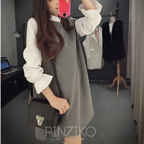 

2018 Autumn Clothing New Style Korean-style Panel Sleeve Sweet GIRL'S Shirt Small Stand Collar Loose-Fit Slimming Dress