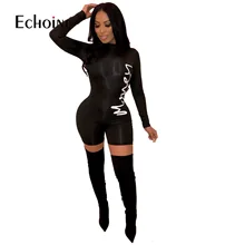 Spring summer Letter print black orange long sleeve bodysuit o neck short jumpsuit skinny rompers women playsuit jumpsuit