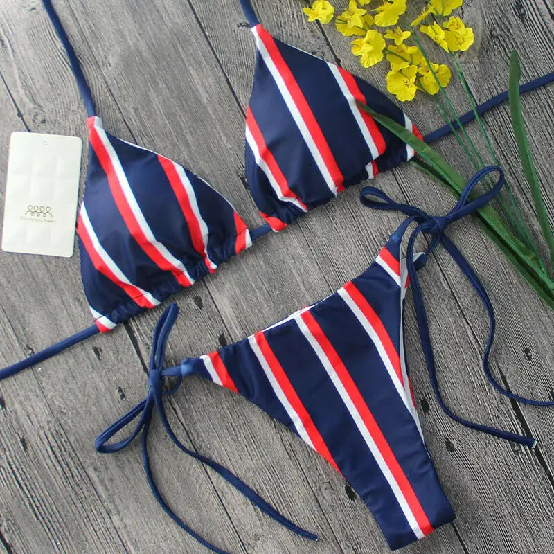 Women Sexy Bandage Split Bikini Set Striped Swimwear Ladies Push-up Padded Triangle Bra Low Waist Skinny Swimsuit Bathing Suit Women Sexy Bandage Split Bikini Set Striped Swimwear Ladies Push-up Padded Triangle Bra Low Waist Skinny Swimsuit Bathing Suit