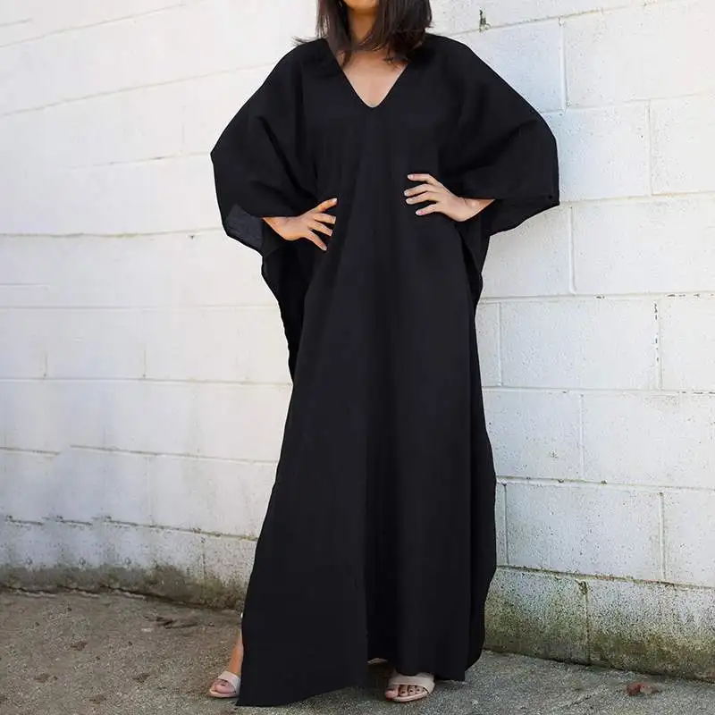 Women Dress Summer Sundress VONDA Sexy V Neck Bohemian 3/4 Sleeve Dress Plus Size Casual Loose Party Beach Vestido