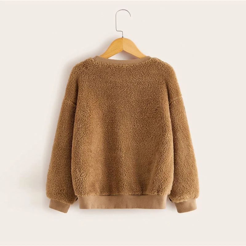SHEIN Kiddie Camel/Повседневная Толстовка с леопардовым принтом и рукавами «Тедди»; топы для детей; коллекция года; Весенний контрастный Зимний пуловер с искусственным мехом