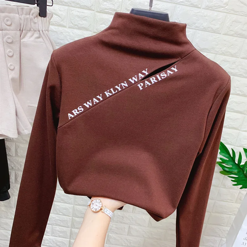 

Hollow Out Lettering Plus Velvet T Shirt Female Autumn Winter New Stretch Long Sleeve T-shirt Stretch Shirt Ladies Tops T Shirts