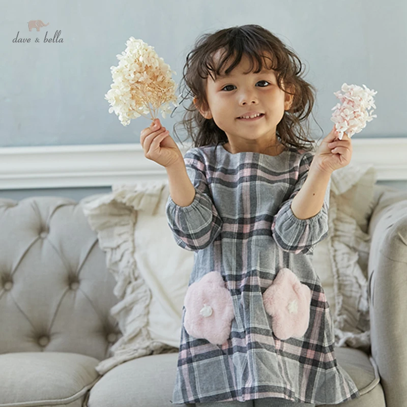 

DB18926 dave bella autumn baby girl's cute floral plaid print dress children fashion party dress kids infant lolita clothes