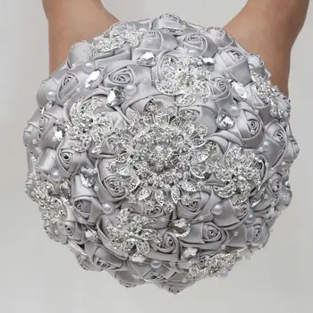 

Customizable Ribbon Rose Bridesmaids Holding Artificial Flower Wedding Bridal Bouquet Diamond Brooch Marriage Accessories PL0012