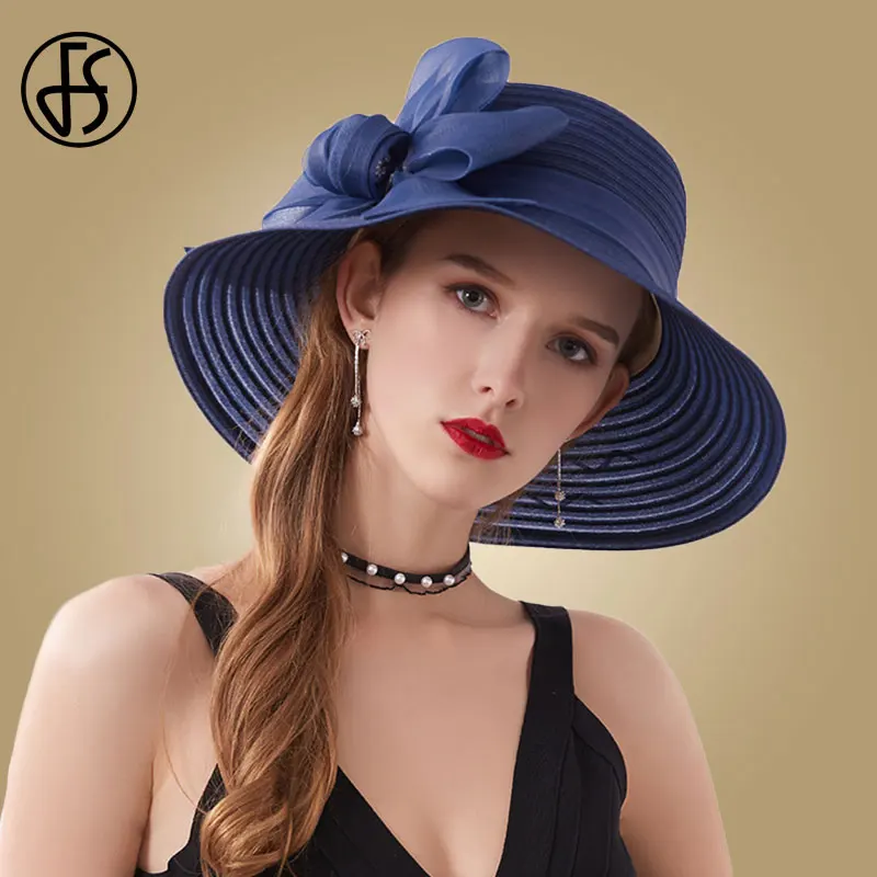 FS Pink Wide Brim Hats For Women Caps Ladies Fascinators Fedora Hat Flower Wedding Church Party Beach Sun Hats