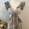 Women Chiffon Ruffles Summer Long Dress Floral Print Backless Bandage Holiday Beach Maxi Dress 4