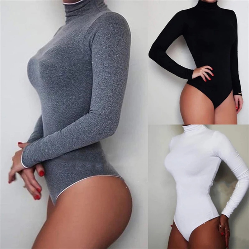 Primavera otoño moda mono cuello alto Mujer Sexy vestido de cintura alta mameluco negro de las mujeres Tops de manga larga de bebé