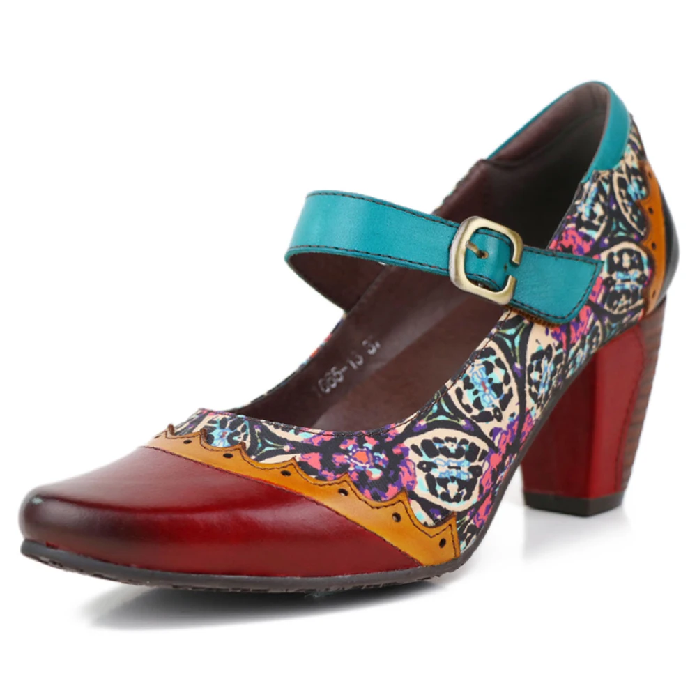 Women Cowhide Leather Pumps Female Strap Retro Style Floral Pattern Shoes 2021 Luxury Fashion Lady Pointed Toe Mixed Color Shoes