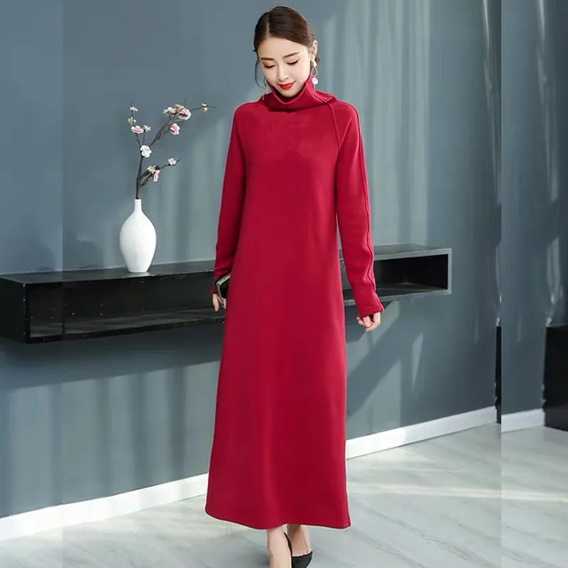 Plus Size 5XL 6XL 7XL Women Winter Fleece and Thickened turtleneck Dress Long Sleeve Maxi Velvet Dresses Elegant Party dress
