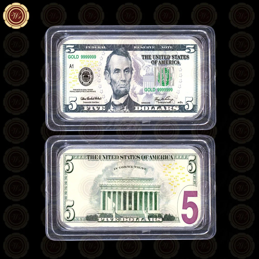 USD 5 WR качество 999. 24k посеребренный бар 10 долларов США цветной вызов слиток монета с чехол для коллекции - Цвет: USD 5