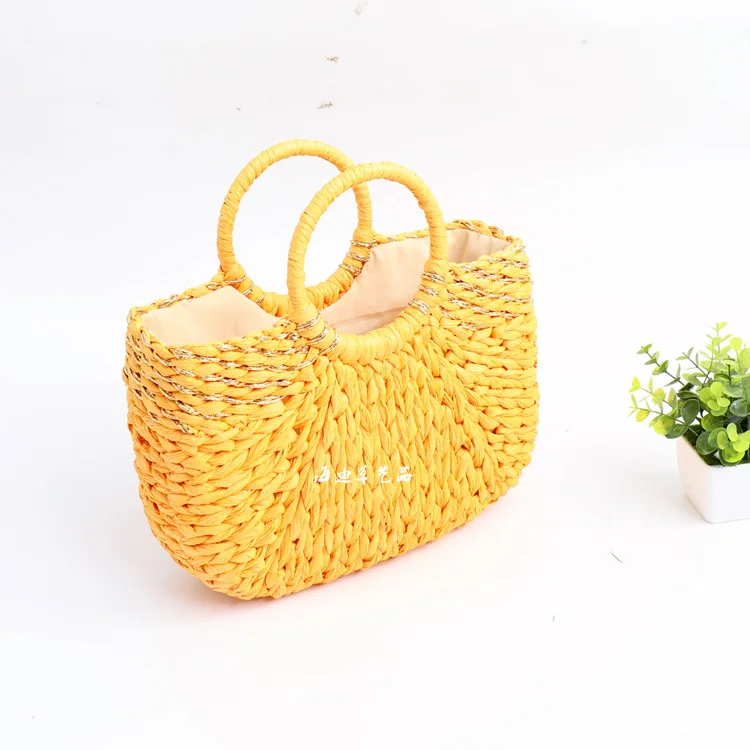 

2019 Spring And Summer New Style Handbag Paper String round Bucket Bag Simple Aureus Woven Bag Retro Casual Straw Bag