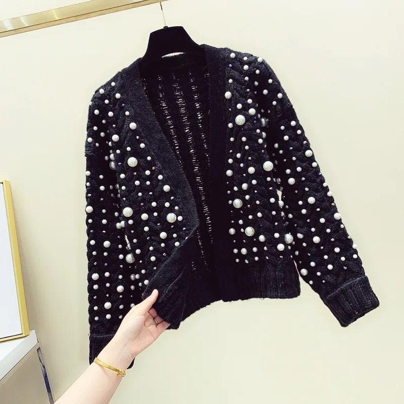 Autumn Winter Black Knitting Cardigan Sweater Womans New Hand Bead Thick Thread Twist Knitted Cardigan V-neck Loose Coat Female