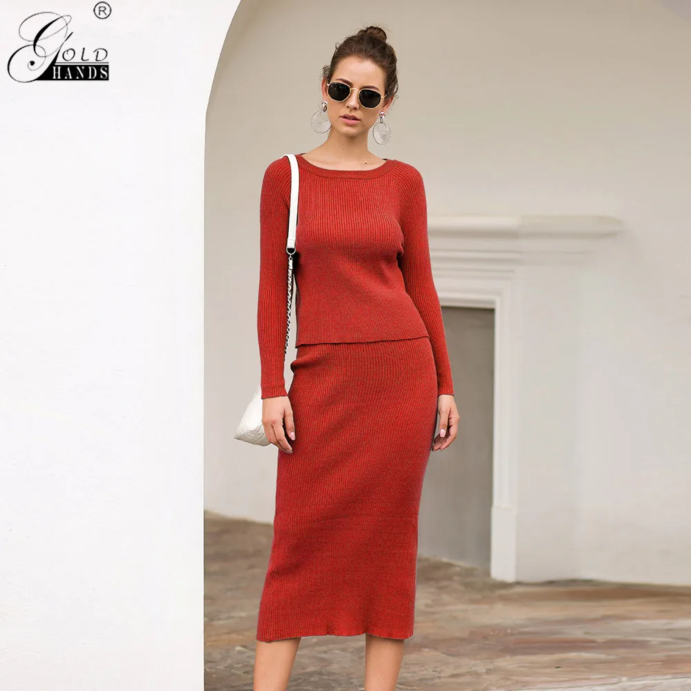 Топ с золотой лентой и юбка Осенние вязаные комплекты для женщин тонкие вечерние