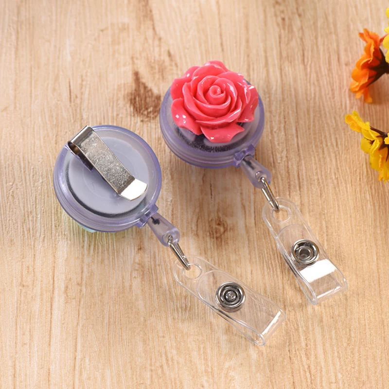 10pcs Beautiful Colorful Rose Flowers Retractable Badge Reels Card Holder Girls Nurse Exhibition Name Card Clips Stationery