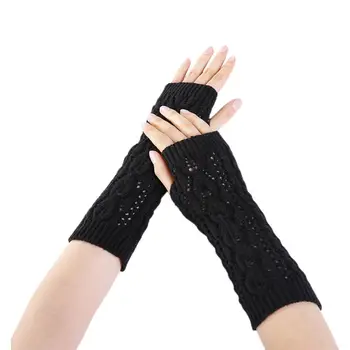 

Women Winter Hollow Out Leaf Crochet Fingerless Gloves Ribbed Knit Trim Arm Warmers Solid Color Stretchy Mittens with Thumbhole