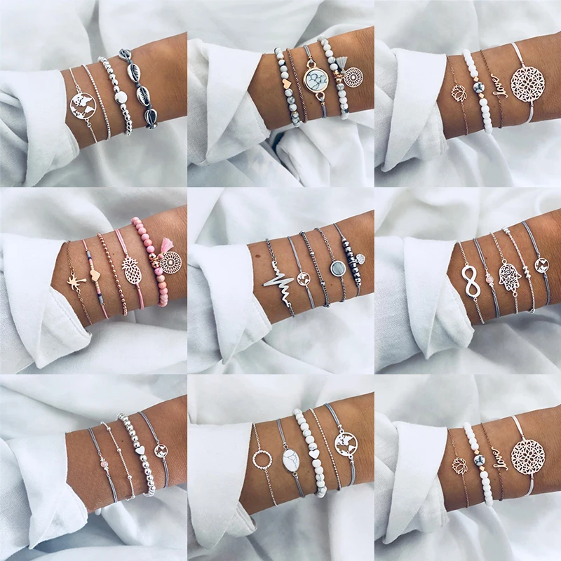 

4pcs/set 26 Style Bangle Crystal Bead Bracelet Women Charm Party Elephant Heart Shell Star Moon Bow Map Wedding Jewelry