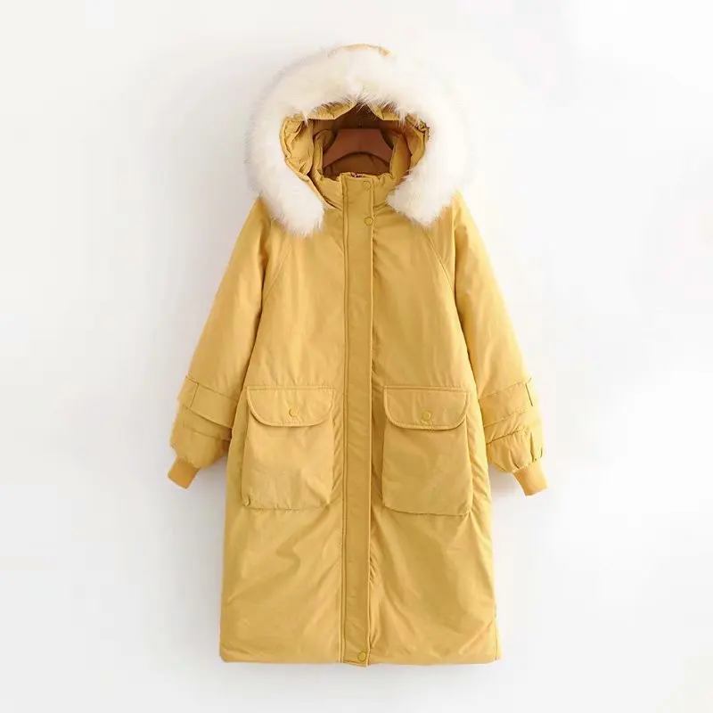 Женская одежда в Корейском стиле, зима, новое стильное длинное хлопковое пальто с меховым воротником и капюшоном для женщин