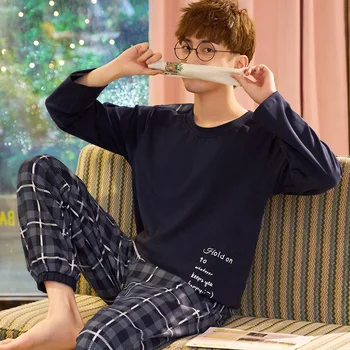 

2020 Summer Casual Striped Cotton Pajama Sets for Men Short Sleeve Long Pants Sleepwear Pyjama Male Homewear Lounge Wear Clothes