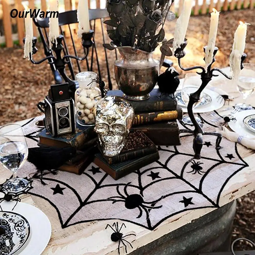 

OurWarm 100cm Halloween Spider Web Lace Tablecloth Cobweb Round Table Cover Mantle Background Home Decor Holiday Party Supplies