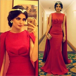 2018 Arabic Red Long Muslim Robe De Soiree with Cape Satin Mermaid Formal Evening Gown Abendkleider mother of the bride dresses