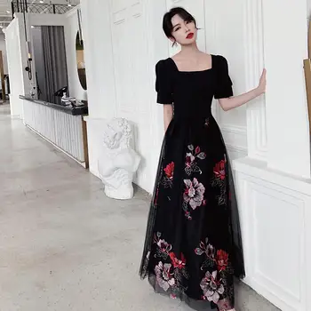 

Oversize 3XL Black Flower Mesh Evening Dress Full Length Women Prom Gown Elegant Pleated Formal Dress Vestidos De Festa
