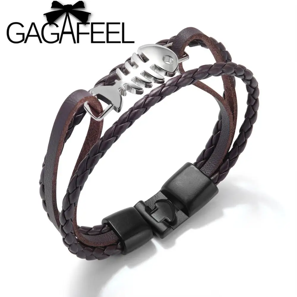 

GAGAFEEL Fashion Fish Bone Leather Bracelet Multi-layer Woven Rope Chain Casual Bangle Unisex Jewelry Fine Gifts