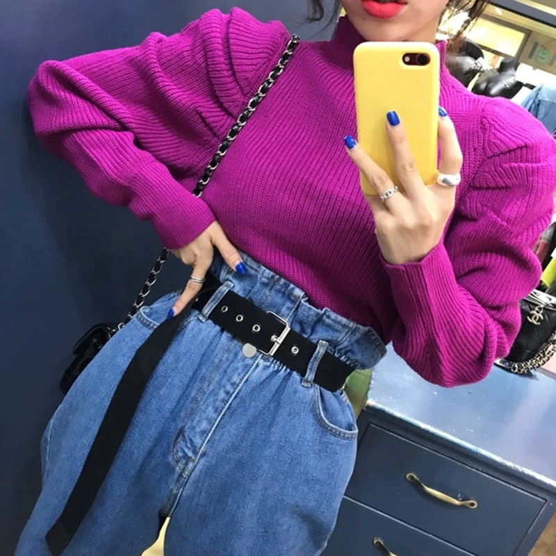 Korean Ruched Knitted Women's Sweaters O Neck Puff Long Sleeve Oversize Pullover Sweater Female 2019 Autumn Fashion New