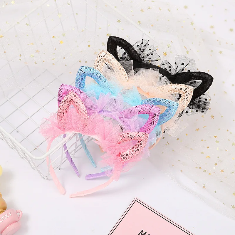 New lace cat ear headband children's hair accessories girl princess birthday headband sequin headband colorful rainbow glitter headband girls sweet heart hairband women head bands sequin printed heart kids hair accessories tiara