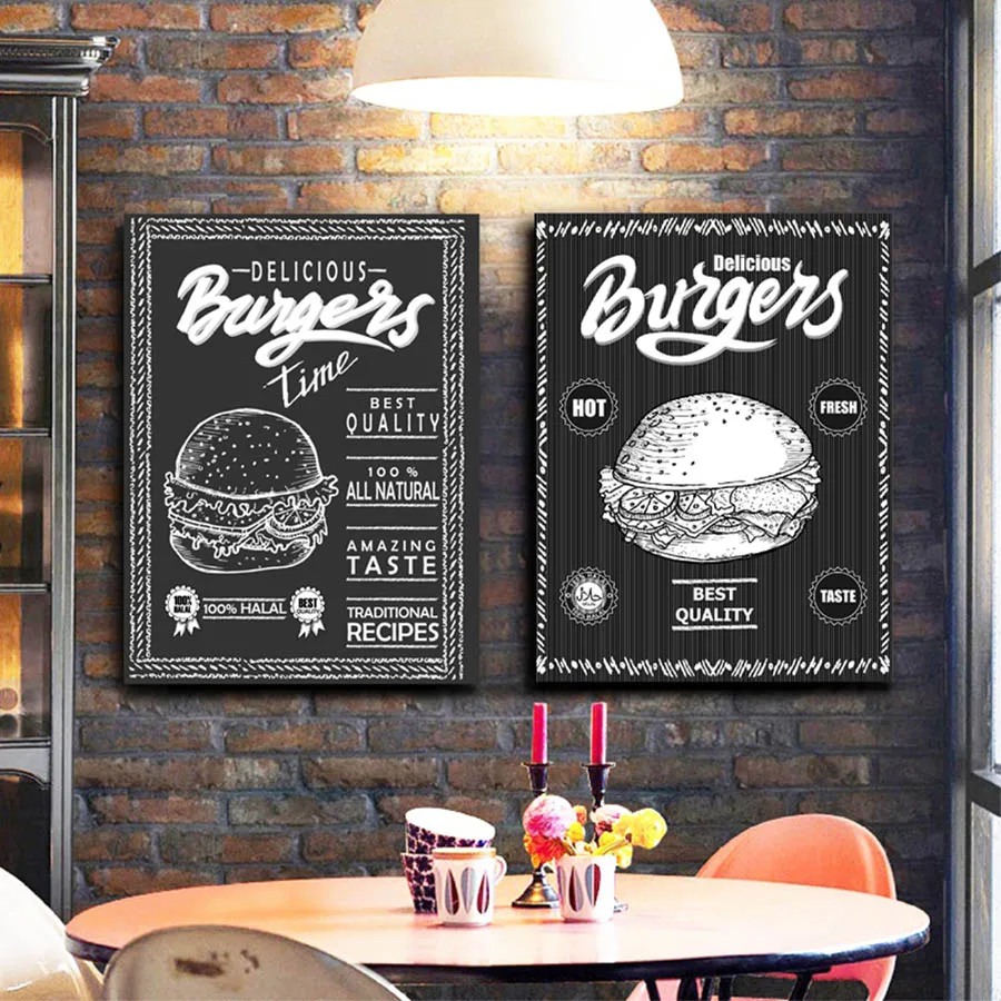 Canvas Paintings Pictures Prints Burger Menu Food Sketch Poster Black White Restaurant Hamburger Shop Modular Wall Art Home Deco