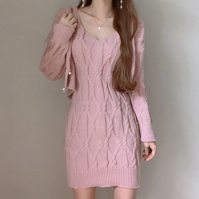 

Casual 2022 Korean Solid Warm Winter Woman Knitted Pollover New Jumper Dresses Thick Sweater Dress Women Pink Elegant Vestidos