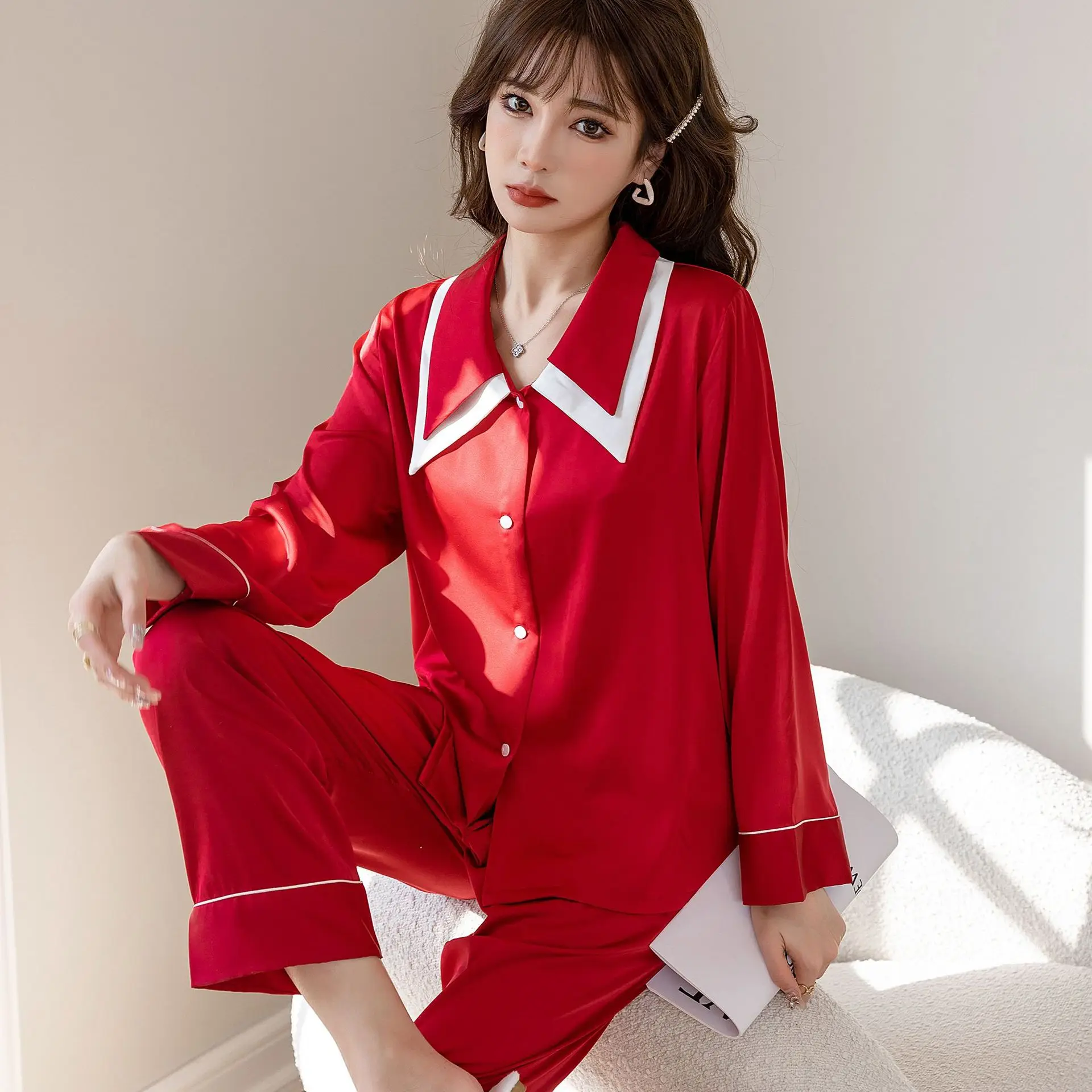 

Spring Sexy Double Princess Collar Satin Women Long Sleeve Shirt Trousers Pajama Two-Piece Home Service Nightwear Homenwear