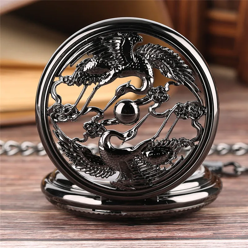 Steampunk Black Hollow Double Crane Unisex Handwinding Mechanical Pocket Watch Roman Numerals Display Pendant Chain Clock Gift