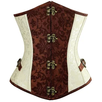 

Brown and Lvory Underbust Corset Goth Buckle Highest Quality Flowers Pattern Steampunk Corset