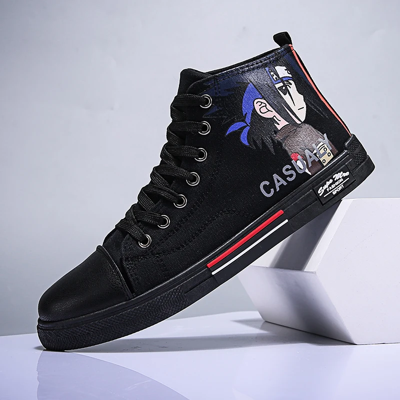 

High-top black canvas shoes male pirates Wang joint name high to help trend wild casual printing graffiti shoes