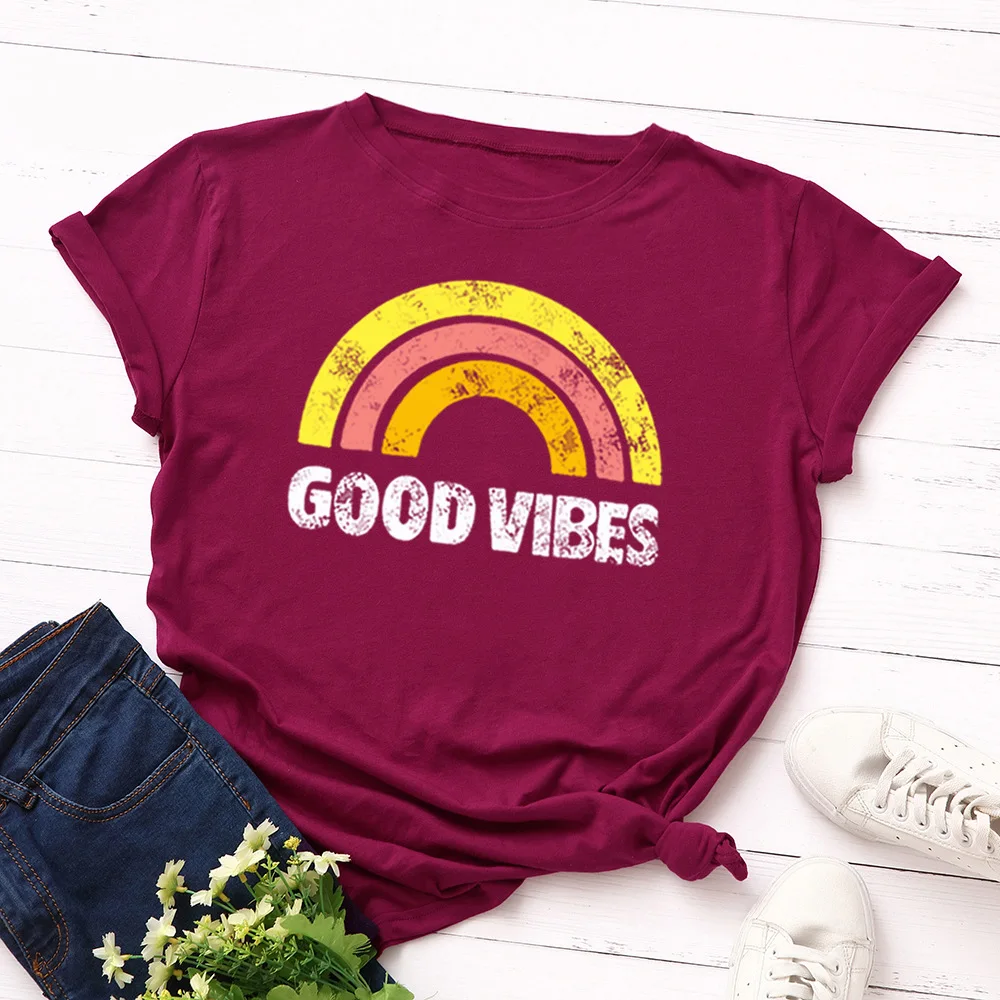 Женская футболка с принтом Good Vibes летняя свободная из 100% хлопка радужной графикой