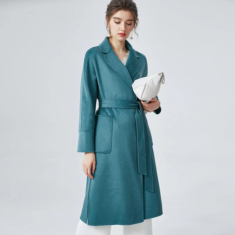 

High Quality Cashmere Water Ripple Long Sashes Women Winter Wrap Wool Coat With Pockets Sacos De Mujer De Vestir Abrigo 2020