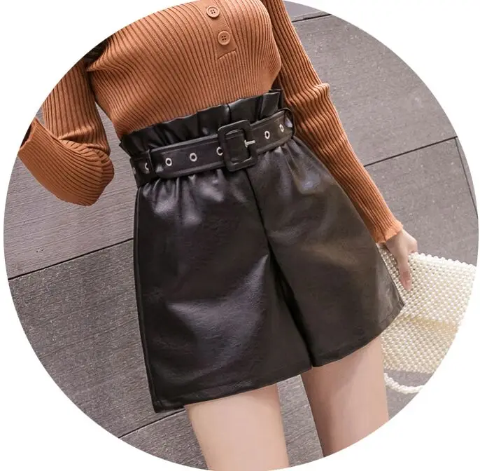 PU Leather Wide-legged Shorts With Slashes Women Empire PU Shorts Girls A-line Faux Leather Shorts Bottoms BH6191 - Цвет: Black